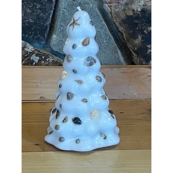 Christmas Tree Wax Candle with sea shells! 7in tall. Coastal Decor.Beach.Holiday - Picture 1 of 6